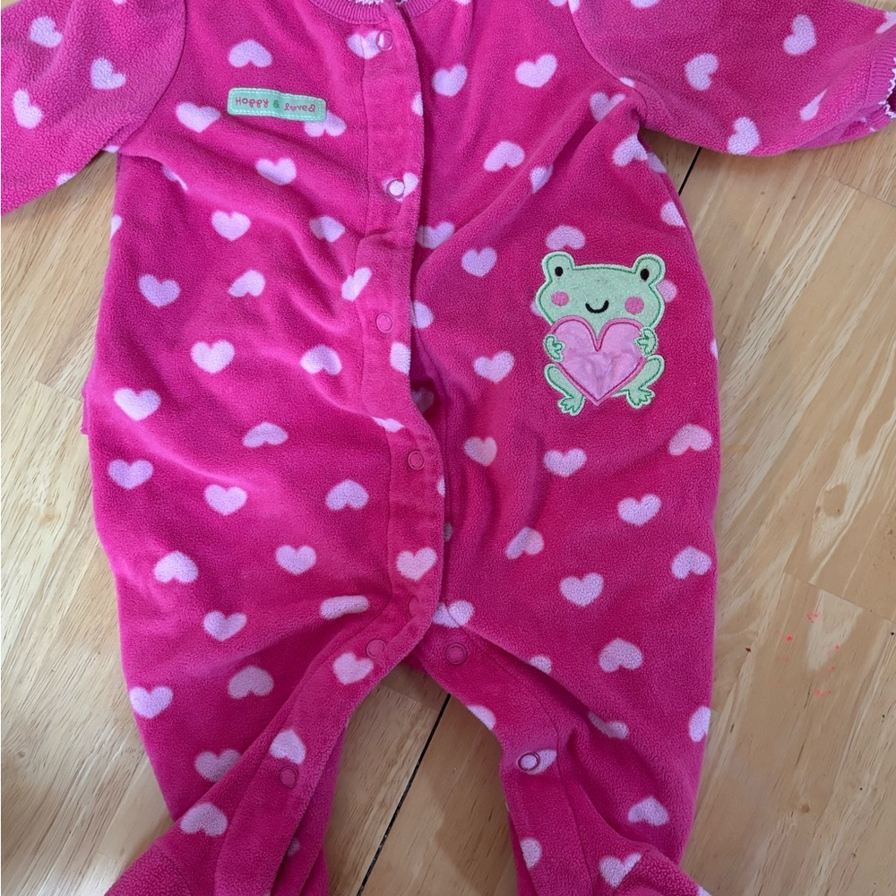 Pink Heart Footie Pajama with Frog Appliqué